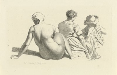 带有一个裸体坐像和两个人物的研究用纸
研究版画作品 / Etudes gravées（系列名称） 作者 雅各布·恩斯特·马库斯