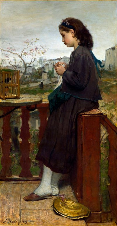 "Jeune fille tricotant sur un balcon, Montmartre, Paris"（在阳台上编织的女孩，蒙马特，巴黎） Peinture de Jacob Maris (1837-1899) - 1869 - Oil on canvas Dim 110x75,7 cm Gemeentemuseum Den Haag 作者 雅各布·亨里库斯或亨德里克斯·马里斯