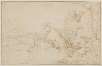 有两个农民和一只狗的风景，约1525-69年 作者 雅各布·我·萨维里