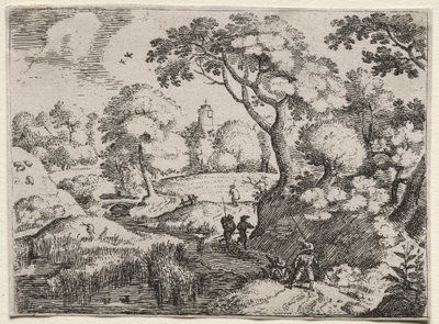六个风景：沼泽和树木繁茂的银行之间的道路，c。 1595。 作者 雅各布·我·萨维里