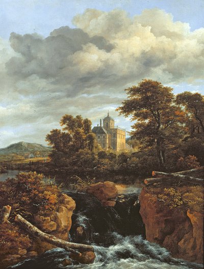 景观与瀑布和城堡，c.1670 作者 Jacob van Ruisdael