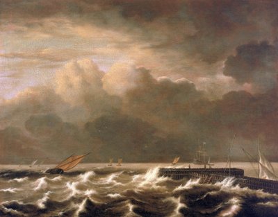 狂风巨浪拍打着码头，小渔船被卷入风暴之中。Jacob Isaakszoon van Ruisdael（吕斯戴尔）（1628-1682 年）的布面油画。 作者 雅各布·伊萨克松·范·鲁伊斯达尔