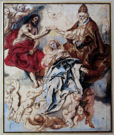 圣母加冕礼由三位一体水彩画和水粉画由 Jacob Jordaens (1593-1678) 17 世纪太阳。 0,46x0,38 m 巴黎，卢浮宫 作者 雅各布·乔丹斯