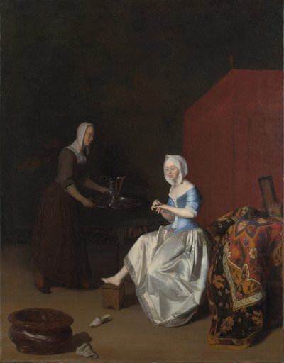 一位年轻女士在女仆的陪伴下修剪指甲，约1670年。 作者 雅各布卢卡斯。奥特维尔特
