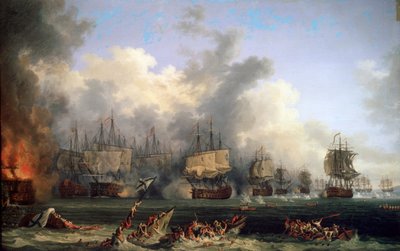 在1771年的切斯马海战中，俄罗斯战舰圣埃夫斯塔菲斯号的沉没。   作者 雅各布·菲利普·哈克特