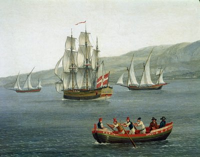 View of ships in the Detroit of Messina, Reggio Calabria, Italy - (Ships in the straight of Messina between Reggio Calabria and Sicily) Detail Painting by Jacob Philipp Hackert dit Hackert d