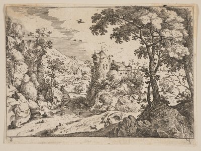 岩石山坡和城堡之间的溪流，选自风景画 作者 Jacob Savery I