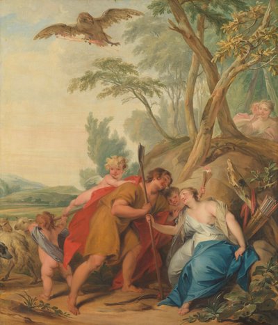伪装成牧羊人的朱庇特引诱记忆女神姆涅摩西涅 作者 Jacob de Wit（艺术家签名）