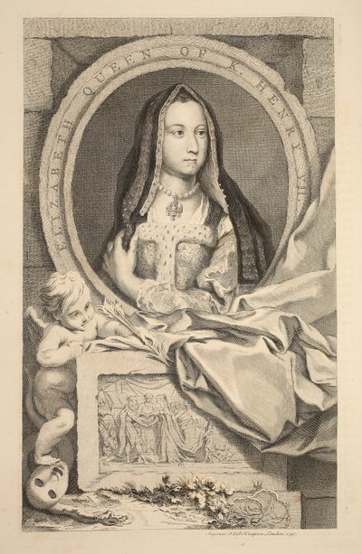 伊丽莎白的肖像，亨利七世的女王，插图来自“英国杰出人物的头”，酒吧。来自1742年伦敦的Knapton 作者 雅各布斯·霍布拉肯