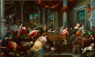 Jacopo Da Ponte di Jacopo Bassano（约 1517 年 - 1592 年）的《圣殿的净化或“基督从圣殿追逐商人”》。 160x265 厘米伦敦，国家美术馆 作者 哈科波·巴萨诺（Jacopo Bassano）