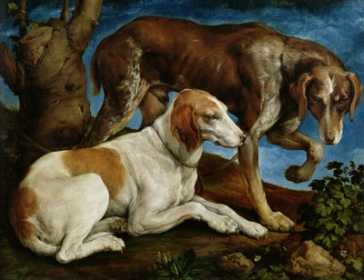 两只猎犬绑在一个树桩上，c.1548-50 作者 哈科波·巴萨诺（Jacopo Bassano）
