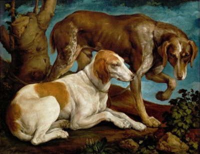 两只猎犬，绑在一个树桩上 作者 哈科波·巴萨诺（Jacopo Bassano）