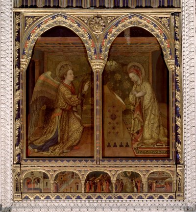 报喜。圣灵的鸽子。 （绘画 作者 雅各布·贝里尼（Jacopo Bellini）