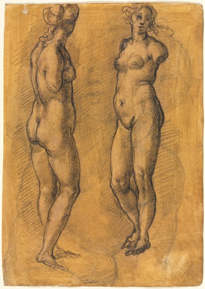 古董站立女子雕像的复制品（两视图），画在普托素描之上 作者 哈科波·奇门蒂