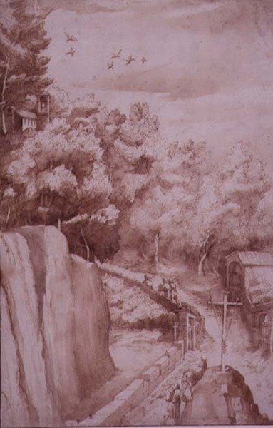 PD.52-1997 拉韦尔纳修道院的景色，通往修道院的道路，约1607-12（水、笔、墨，纸）。 作者 雅各布·利戈齐（Jacopo Ligozzi）