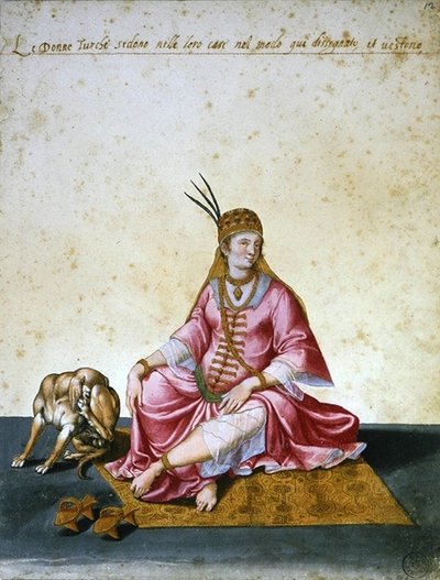 土耳其妇女（纸上钢笔、墨水和水彩）。 作者 雅各布·利戈齐（Jacopo Ligozzi）