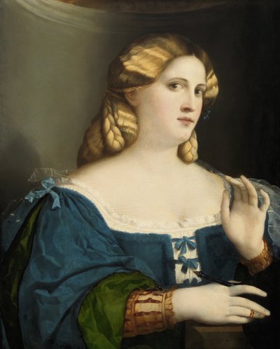 穿蓝色连衣裙的年轻女子，带风扇，1512-1514 作者 雅各布·帕尔玛·伊尔·韦基奥