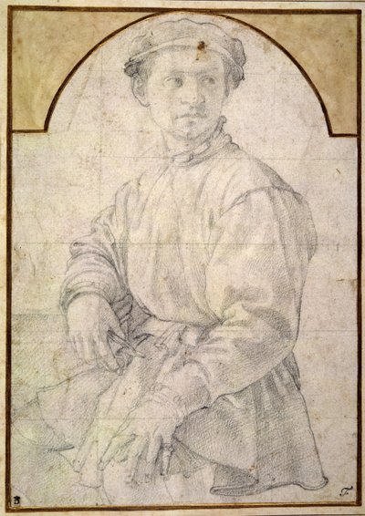 一个戴帽子的坐着的青年（纸上粉笔画 作者 雅各布·蓬托尔莫