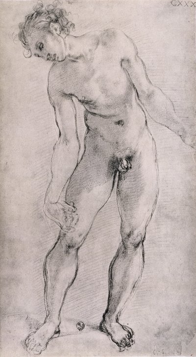在佛罗伦萨Santa Felicita的Capella Capponi，1525-27（木炭）研究“沉积”祭坛的男性形象 作者 雅各布·蓬托尔莫