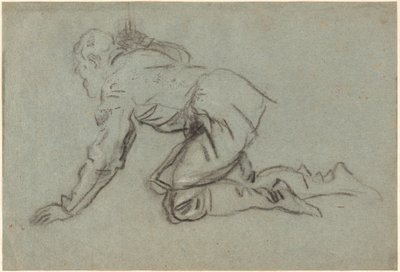 一个跪着的人拿着一个工作人员，c.1554-56（蓝纸上的木炭） 作者 雅各布·罗布斯提·丁托列托