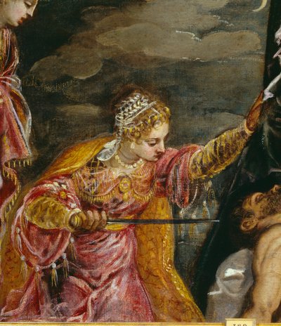 Judith 和 Holofernes（画布上的油），Tintoretto，Jacopo Robusti（1518-94）/西班牙马德里普拉多 - Jacopo Robusti 的“Judith and Holoferne”细节，称为 The Tintoret（Il Tintoretto）（1518-1594） 16世纪太阳。 0,58x1,19 m 马德里, 普拉多穆 作者 雅各布·罗布斯提·丁托列托