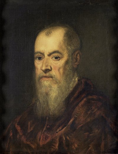 一个人的画象有红色斗篷的，1555-80 作者 雅各布·罗布斯提·丁托列托
