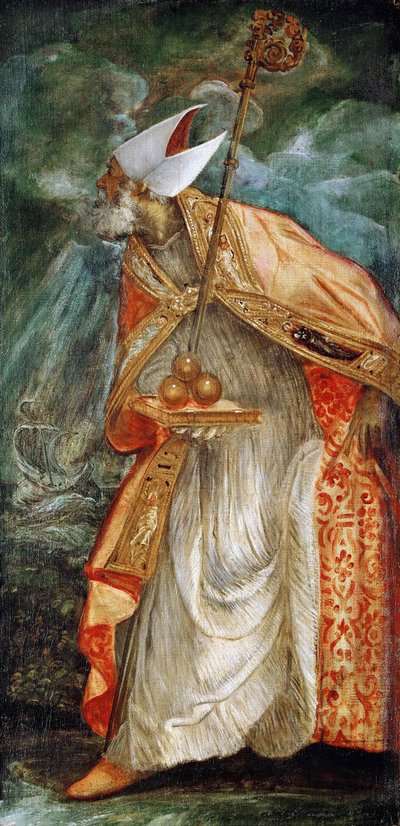 巴里的圣尼古拉 (Nicolas de Myre) (270-345) - 巴里的圣尼古拉 - 雅格布丁托列托 (1518-1594)。 布面油画，约 1555 年。尺寸：114x56 厘米。 艺术史博物馆，维也纳 作者 雅各布·罗布斯提·丁托列托