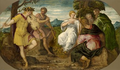 阿波罗（Apollo）与马斯亚斯（Marsyas）之间的音乐比赛，约1545年。 作者 雅各布·罗布斯提·丁托列托