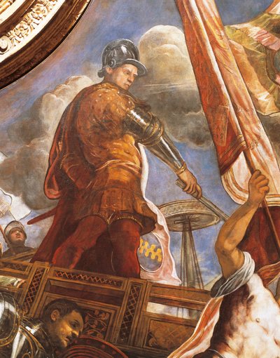 威尼斯人在加利波利与阿拉贡人作战，由Jacopo Robusti（又称Tintoretto）创作（1518-1594年），细节，Sala del Maggior Consiglio（大议会厅），威尼斯公爵宫。 作者 雅各布·罗布斯提·丁托列托