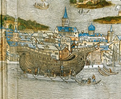 在威尼斯船厂建造一艘加仑船，选自《Peregrinatio in Terram Sanctam》，1486 年首次以拉丁文印刷......（木刻）。 作者 雅各布·德·巴巴里