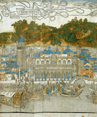 威尼斯和被地震摧毁前的老钟楼，选自《Pregrinatio in Terram Sanctam》，首次印刷于 1486 年......（木刻画） 作者 雅各布·德·巴巴里