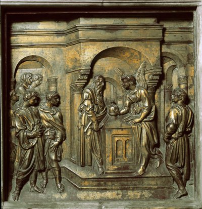 天使向撒迦利亚显现（洗礼池的青铜瓷砖，约 1427 年） 作者 Jacopo della Quercia