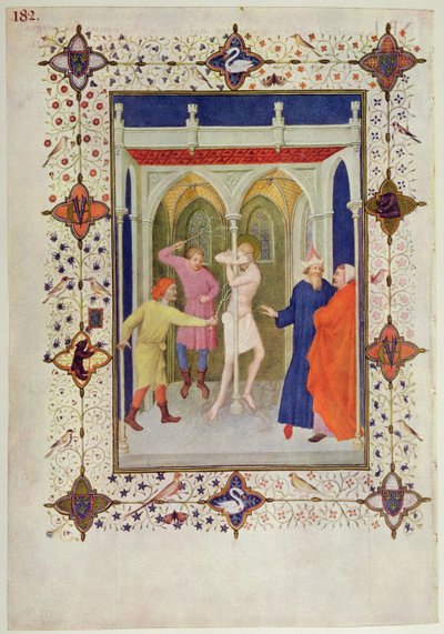 MS 11060-11061十字架的时间：来自&39;Tres Riches Heures du Duc de Berry&39;的Tierce，基督的鞭挞 作者 雅克·德·赫斯丁
