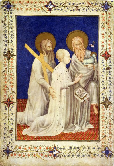 MS 11060-11061 John，Duc de Berry跪在圣安德鲁和法国圣约翰之间，来自&39;Tres Riches Heures du Duc de Berry&39; 作者 雅克·德·赫斯丁