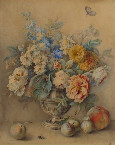 银色罐子里的花，前景是水果，18世纪。 作者 雅克·安德烈·波泰尔