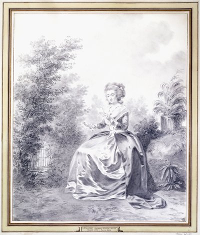 伊丽莎白·路易丝·维吉·勒布朗（Elisabeth Louise Vigee-Lebrun）读坐在花园里的一封信的肖像（黑色粉笔） 作者 雅克·安托万·玛丽·勒莫恩