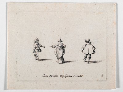 一位伸出手的女士和两位骑兵，选自《Les Fantaisies de Noble J. Callot》......（版画）。 作者 雅克·卡洛