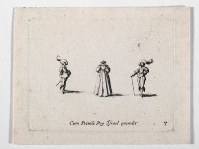 一位身着百褶裙的女士和两位骑兵，选自《Les Fantaisies de Noble J. Callot》......（版画）。 作者 雅克·卡洛