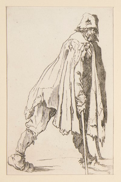 戴帽子的乞丐，拄着拐杖，选自《乞丐》（Le mendiant aux bequilles coiffe d）。 作者 Jacques Callot