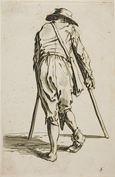 拄拐杖戴帽子的乞丐，从背面看，《乞丐》第五版 作者 Jacques Callot