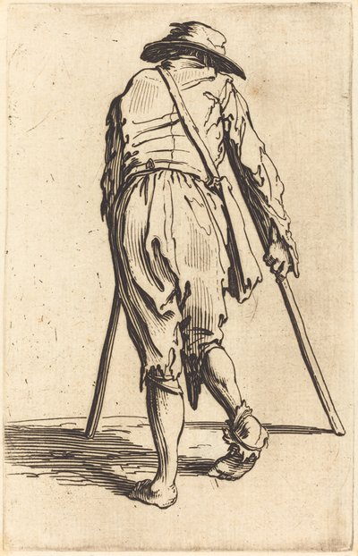 拄着拐杖和帽子的乞丐，背影 作者 Jacques Callot