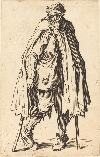 拄着拐杖和麻袋的乞丐，约1622年。 作者 Jacques Callot