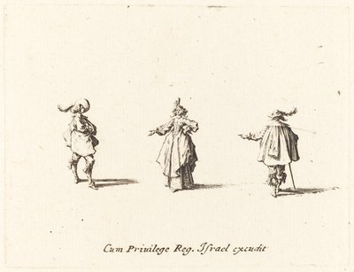 伸出手臂的女士和两位绅士，可能是1634年。 作者 雅克·卡洛