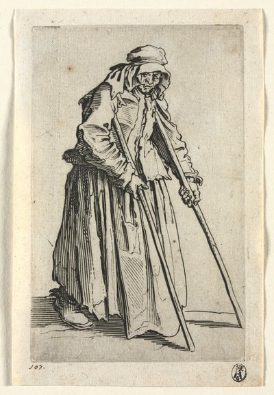 乞eg：拐杖上的乞eg女人，c。 1623。 作者 Jacques Callot