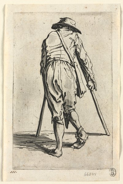乞eg：拐杖上的乞gar，戴着帽子，c。 1623。 作者 Jacques Callot
