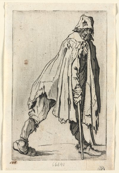 乞eg：拐杖上的乞gar，戴着帽子，c。 1623。 作者 Jacques Callot