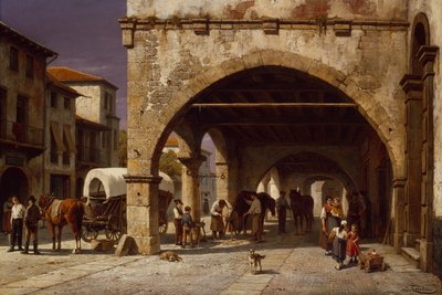 有法师的小镇场景（布面油画 作者 雅克·卡巴恩（Jacques Carabain）