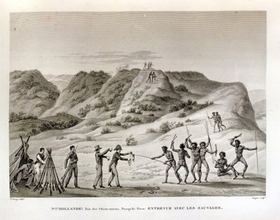 新荷兰庇隆半岛鲨鱼湾：与当地人见面，来自1872年出版的Dupare雕刻的“乌拉尼亚1817-20护卫舰世界之旅” 作者 雅克·艾蒂安·维克多·阿拉戈