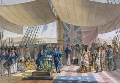 三明治群岛：国王总理在Uranie上的洗礼，来自Lerouge和Forget的Voyage Autour du Monde sur les Corvettes de LUranie 1817-20，1825年出版（ 作者 雅克·艾蒂安·维克多·阿拉戈