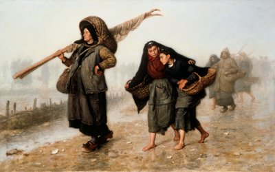 贝类采集者。农妇们赤着脚或穿着木屐，提着装满贝壳的篮子回家避雨。雅克-尤金-费扬（1815-1908 年）的画作。布面油画。私人收藏。 作者 雅克·尤金·费恩（Jacques Eugene Feyen）